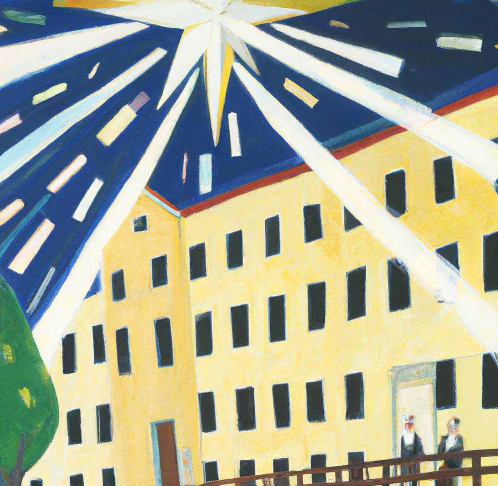 Painting of a college under a bright guiding star