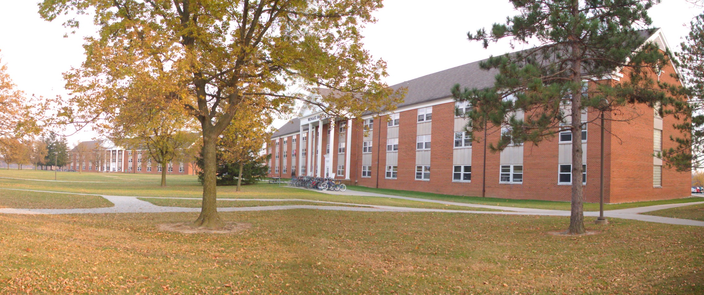 Olson Hall on the left and Wengatz Hall on the right at Taylor University